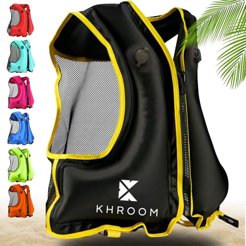 Khroom aufblasbare Schwimmweste Erwachsene nach neuester EU-Norm | 150-210 cm Körpergröße, bis 100 kg | Auftriebsweste Schnorchelweste ab Jugendliche | Schnorcheln, Kajakfahren und SUP (V2 Schwarz)