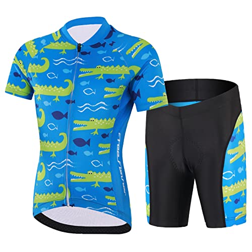 Amur Leopard Kinder Radtrikot Set Jungen Radsport Bekleidung Mädchen Fahrrad Trikot Kurzarm & Kurz Radhose mit Sitzpolster, Blau-Krokodil, 104-110 (Etikettgröße: S)