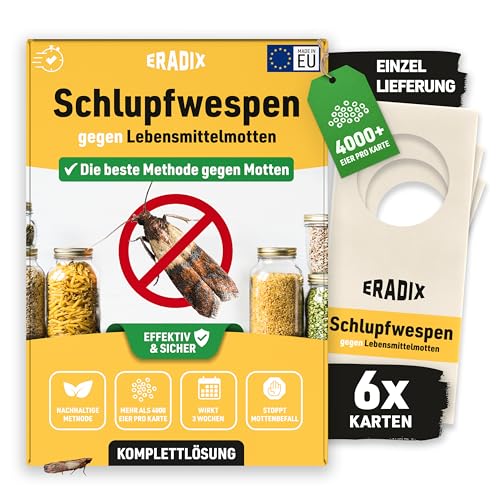 ERADIX Schlupfwespen gegen Lebensmittelmotten - 6 Karten à 1 Lieferung - Effektive Lebensmittelmotten Falle - Alternative zur Mottenfalle, Mottenspray, Schlupfwespen Lebensmittelmotten