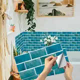 Küchen Fliesenaufkleber, 12 Stück Mosaik Fliesenaufkleber 15x30cm Badezimmer Selbstklebende Fliesendekor Aufkleber Backstein zum Küche Esszimmer Bad Fliesenfolie Deko Blau