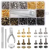 360 Pcs Leder Nieten Doppelkappe 6mm 8mm, Metall Nieten Set mit Stanzzange Fixierung Werkzeug Aufbewahrungsbox, 4 Farben Ledernieten, Schraubnieten Hohlnieten Set für DIY Reperatur Handwerk Leder