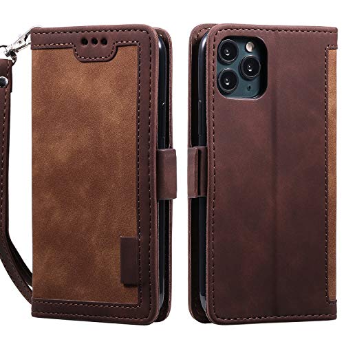 Miagon Retro Brieftasche Hülle für iPhone 12,PU Ledertasche Case Cover Handyhülle mit Kartenfach Geld Slot Ständer TPU Bumper Flip Schutzhülle,Braun