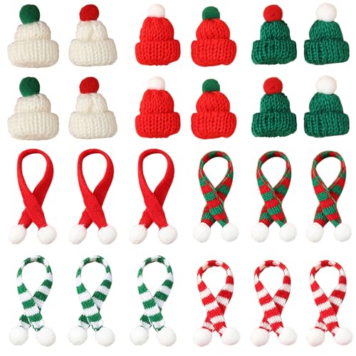 LunarCharm 24 Stück Mini Weihnachtsmütze und Mini Schal Set Lollipop Hut Flaschenverschluss Dekoration Hut Mini Hut mit Schal für Tischdeko Schneemann Dekoration Weihnachten