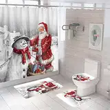 duschvorhang Weihnachten， badematten Set 4teilig（Duschvorhang, Rutschfester Teppich, Toilettendeckel und Badematte） Wasserdichter Duschvorhang mit 12 Haken Badezimmerset zu Weihnachten Style 12