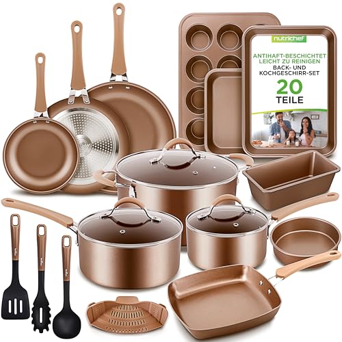 NutriChef 20-teiliges Topf, Pfannen- und Backformen Set Antihaft – Kochset PFOA/PFOS-frei für Gas.-, Elektro.-, Keramik- & Induktions – Inkl. Pfannen, Töpfe, Backform, Kastenform, Muffinform & Mehr