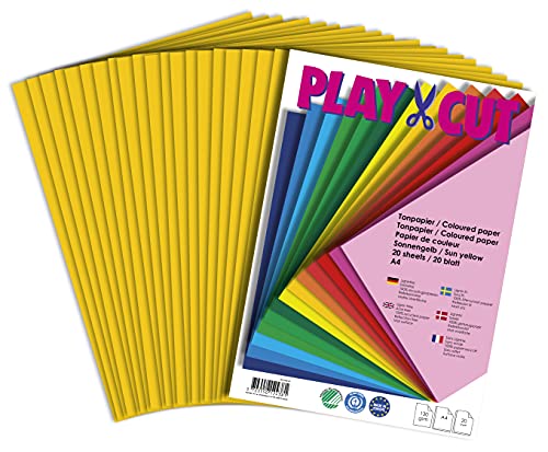 PLAY-CUT Tonpapier A4 Sonnengelb (130g/m2) | 20 Bogen Din A4 Papier zum Basteln Drucken | Dickes Bedruckbares Bastelpapier Set und Druckerpapier A4 | Premium Tonzeichenpapier & Craft Paper