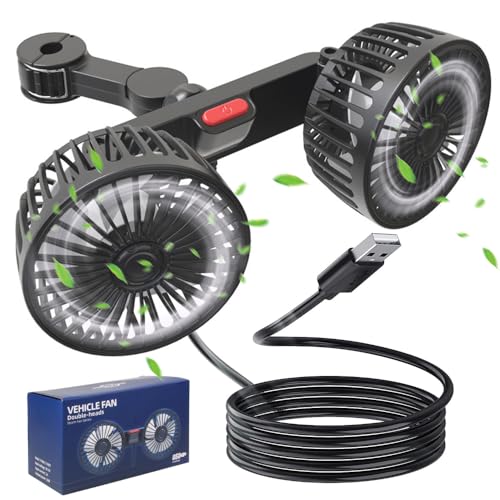 Afenau Auto Ventilator, 5V 2A Doppelkopf Kopfstütze Autolüfter, 3 Gang Einstellbar Tragbarer Auto Lüfter 360° Drehbar, USB Ventilator Auto, Rücksitz-autoventilator für Auto Home Office Ventilator