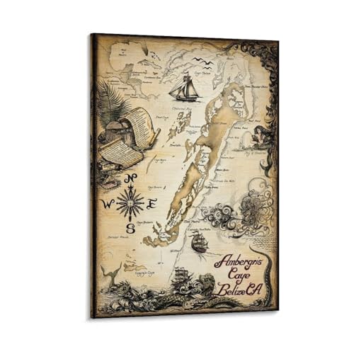 SOONIER Alte Welt, Schatzkarte, nautische Karte, Bernstein, Caye, Belize, Bild, Druck, Leinwand, Poster, Dekoration, moderne Wohnkunstwerke, 20 x 30 cm