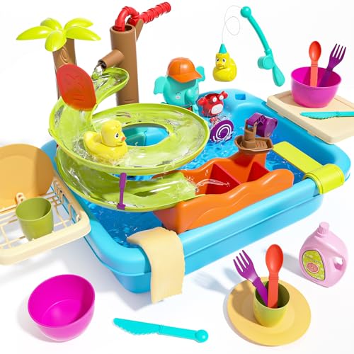 CUTE STONE Küchenspüle Spielzeug mit Manuellem Wasser Pumpe, Angelspielzeug, Wasserrutsche, Becherchen, Besteck Kitchen Sink Toy Set Wasserspielplatz für Kinder