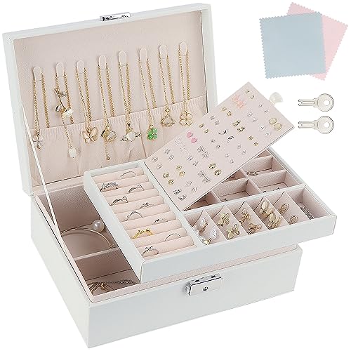 TEIVUL Schmuckkästchen,Damen 2-schichtige Schmuckaufbewahrung,PU-Leder Schmuckkasten mit Schloss,geeignet für Halsketten,Ringe,Ohrringe,Armbänder,Jewelry Organizer für Frauen und Mädchen (weiß)