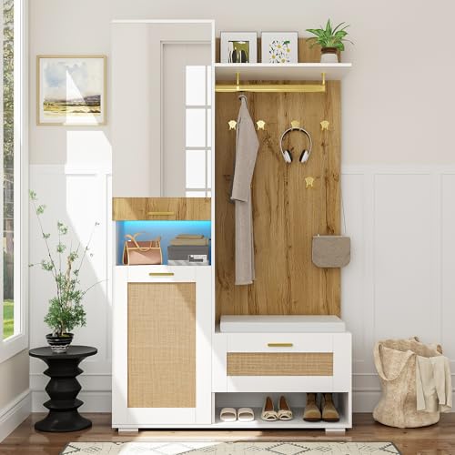 Ymkua Garderobenset Wandgarderobe LED-Leuchten, Flurgarderobe Set mit Schuhbank, Spiegel und Kissen, Garderoben Set mit 5 Kleiderhaken und Türen, Wandgarderobe, Kompaktgarderobe, 110Lx38Bx190H cm