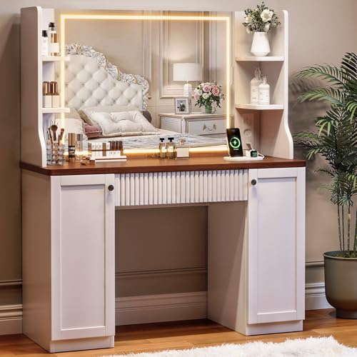 Dripex Schminktisch mit Beleuchtung, moderner Schminktisch mit Spiegel, Dressing Table mit Steckdosenleiste, 3 Farben mit Einstellbarer Helligkeit, Vanity Desk für Make Up Dressing, Vintage Braun