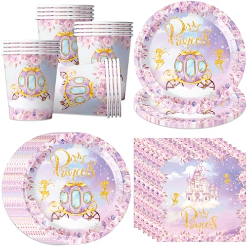 pekifaves Schloss Prinzessin Partygeschirr Set, 16 Gäste Prinzessin Pappteller Kindergeburtstag Deko, Pappteller Tassen Servietten Rosa, für Mädchen-Geburtstagsparty, Prinzessin Hochzeit Schloss