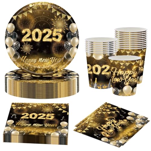 Wentsent Partygeschirr Schwarzes Gold, 60 Stück Silvester Pappteller Set Enthält Pappteller, Becher Servietten für Neujahr, Geburtstag, Weihnachten, Happy New Year Party, Severs 20 Gäste