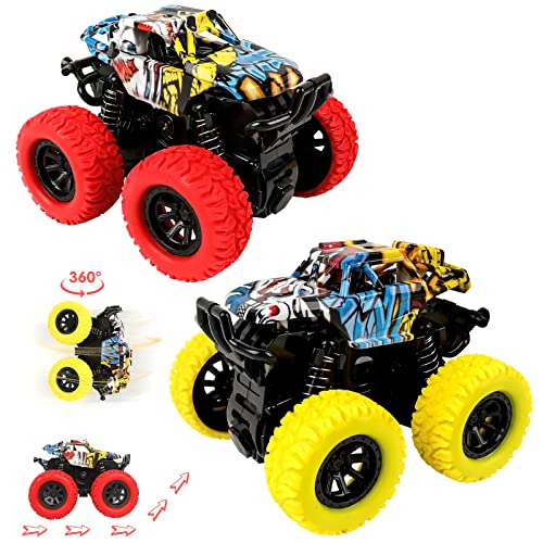 m zimoon Monster Truck Spielzeug Auto, 2 Stück Reibungsbetriebene LKW Zurückziehen, 360 Grad Rotierende Trägheit Fahrzeug Spielzeugautos, Geschenk für Kinder Jungen Mädchen ab 3 Jahren (Rot & Gelb)