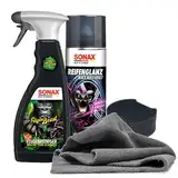 Auto Reifenpflege & Felgenpflege Set | Sonax ReifenGlanz Special Edition + FelgenBeast Sonderedition Felgenreiniger + Applikator Pad + Mikrofasertuch | Pflege & Reinigung von Felgen & Reifen