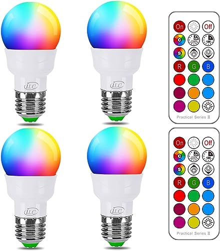 iLC Glühbirne mit Fernbedienung, Äquivalent 40W, Farbwechsel Farbige Leuchtmittel LED Lampe Edison Dimmbare Farbige 2700K Warmweiß, 5W E27 RGB LED Birnen - 12 Farben - (4-er Pack)