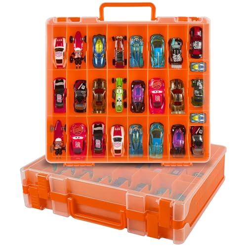 Xuerdon Spielzeugauto Aufbewahrungskoffer für Matchbox Cars. Holder Behälter Tasche für LOL Überraschungspuppen/für Shopkins mit 48 Fächern Doppelseitig-Orange (nur Box)