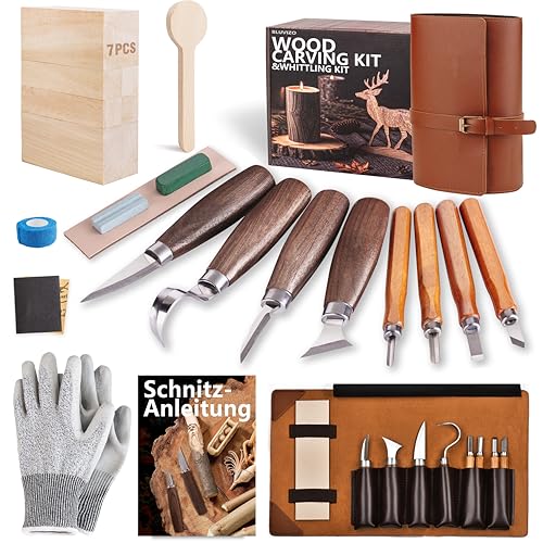 Schnitzwerkzeug Holz Schnitzset für Anfänger: Schnitzmesser Set 25-teiliges zum Schnitzen - HolzSchnitzset Carving Kit mit Anleitung, Handschuhe und Lindenholz für Erwachsene Kinder Vatertagsgeschenk