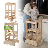 JETZT NEU! STRAHLKIND® Lernturm ab 1 Jahr [Anti Kipp Schutz] aus Kiefernholz - Montessori Lernturm höhenverstellbar - Learning Tower - Tritthocker für Kinder