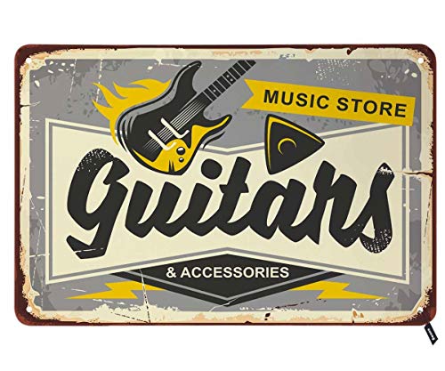 Guitars Shop Blechschilder, Music Store Here auf grauem Hintergrund, Vintage-Metall-Blechschild für Männer und Frauen, Wanddekoration für Restaurants, Cafés, Pubs, 30,5 x 20,3 cm