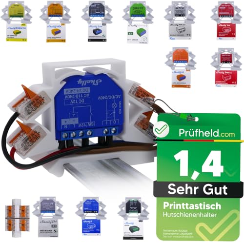 Printtastisch Shelly Hutschienenhalter + 2x2 Erweiterungen für 29 Shelly Relais: Plus 1, 1 Mini Gen3, Plus 1PM, 1PM Mini Gen3, Plus 2PM, 2.5, RGBW 2, PM Gen3, Hutschiene Halterung, Elektroinstallation