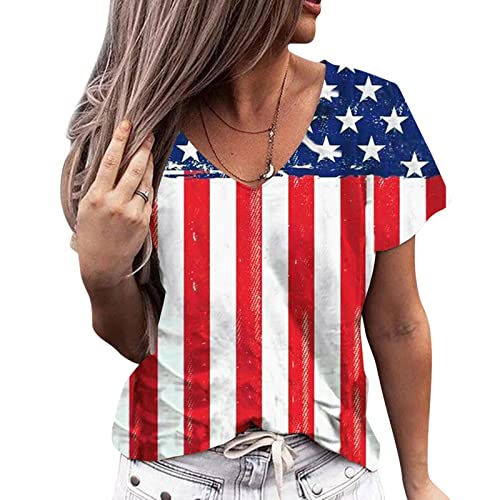 Frauen-handgemaltes amerikanische Flaggen-Hemd mit V-Ausschnitt T-Shirt Pullover Kurzarm-Oberteile Unabhängigkeitstag-Hemd Neon Shirt Damen (Blue, L)