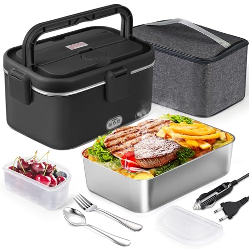 AUTOPkio Elektrische Lunchbox 1,8L 80W, 12V 24V 220V Großer Beheizbare Speisenwärmer mit Tasche Edelstahl Gabel Löffel für Auto LKW Büro (Schwarz)