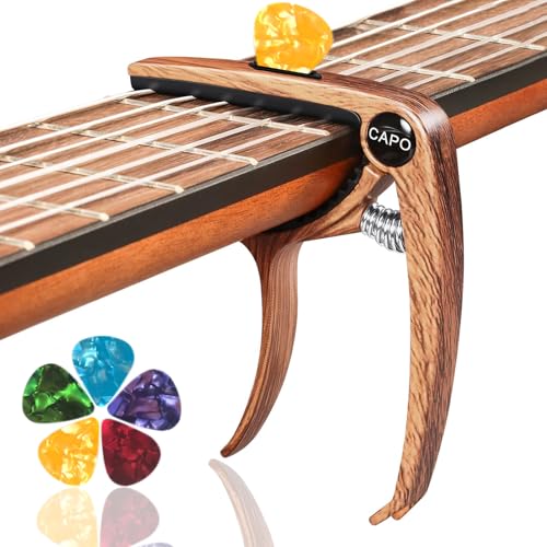 Kapodaster für Gitarre Kapodaster Capo Gitarre - Capodaster, Kapodaster Gitarre, inklusive 5 Plektren, für Akustikgitarre, E-Gitarre, Klassische Gitarre - Gitarren Equipment – Holzfarbe