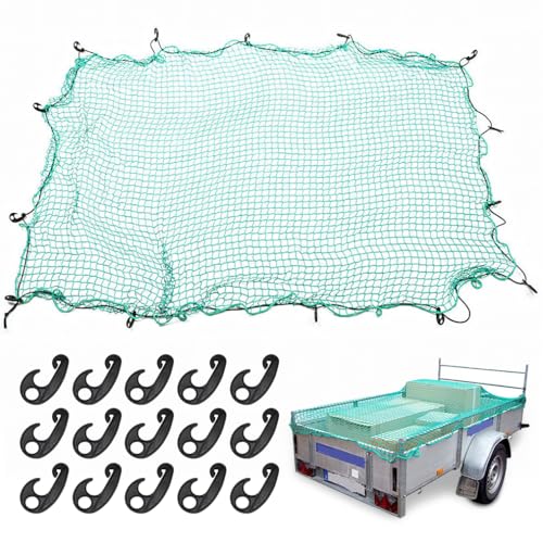 Anhängernetz,Netz für Anhänger 2 x 3m Anhänger Netz, Ladungssicherungsnetz Ballfangnetz Gepäcknetz,Abdecknetz für Anhänger 15 Stück Haken Netz mit umlaufendem Gummiband zur Ladungssicherung