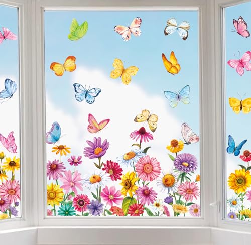 Whaline 6 Blatt Frühling-Sommer-Fensteraufkleber, bunte Gänseblümchen, Schmetterling, doppelseitig, Blumen-Fensterdekoration für Glasläden, Schaufenster, Zuhause, Schule, Bürobedarf