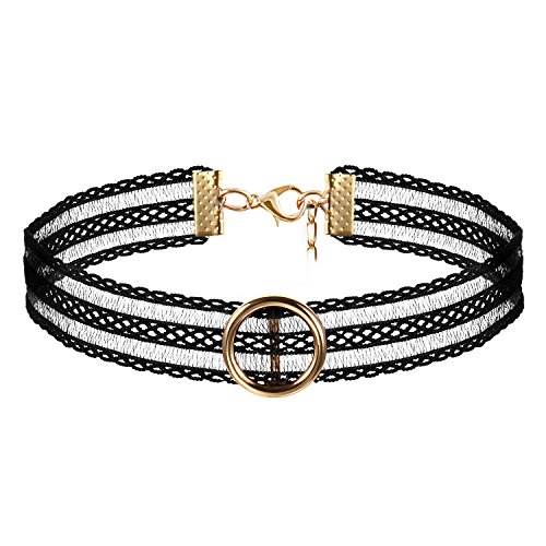 JewelryWe Schmuck Damen Choker Kette Kropfband Set schwarz mit O-Ring Anhänger Gold, Gothic Tattoo Stretch Samt Spitze Joker Halskette Halsband Lolita Sexy für Junge Frau und Mädel