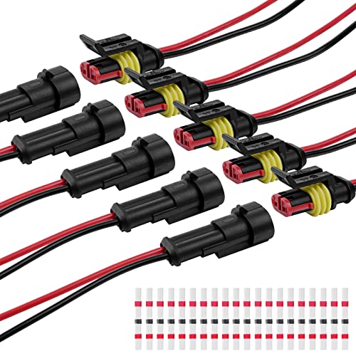 URAQT 2 Polig Kabel Steckverbinder Stecker, 5 Sätze Wasserdichter Stecker Kabel Steckverbinder Stecker mit Kabel 16 AWG Marine für Auto KFZ LKW Kayak Boote Roller Motorrad (mit 20pcs Lötverbinder)