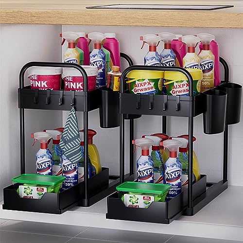 Küchen Organizer, 2 Etagen Unter Waschbecken Regal mit Haken und Tasse, Mehrzweck Gewürzregal Spülschrank Organizer Putzmittel Organizer für Badezimmer Küche, 2er-Pack, Schwar