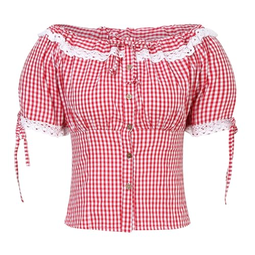 Trachtenbluse Damen,Karierte Bluse Damen Oktoberfest Outfit Volksfest Karneval Traditionelle Dirndl Bluse Moderen Trachten Oberteil Trachtenshirt Trachten Bluse mit Stehkragen & Herzknöpfen (E Red, L)