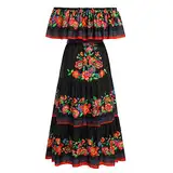 IWEMEK Damen Mexikanisches Kleid Volant Schulterfreies langes Blumenkleid mit Gürtel Sommer Boho Cinco de Mayo Tag der Toten Festkleid Halloween Karneval Festzug Partykleid Schwarz S