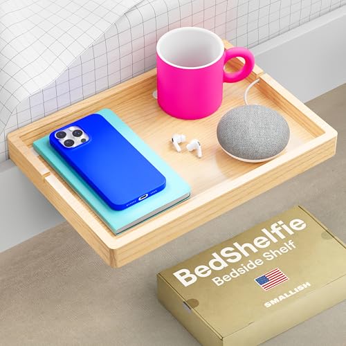 BedShelfie Bedside Shelf for Bunk Bed & Top Bunk, College Dorm Room Essentials, Loft Nightstand, Floating Bed Side Table Tray Storage, Dorm Room Decor by Smallish - (Flexfit Model, Natural)