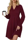 Ritiriko Damen Strickkleider Elegant Knielang V-Ausschnitt Langarm Rundhals Herbstkleid Casual Gestrickt A Linien Einfarbig Kleid Weihnachtskleid Rot XL