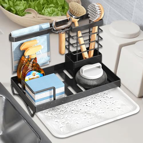 ADERTOS Spülbecken Organizer Kohlenstoffstahl Kitchen Sink Caddy Organizer Schwarz Utensilien Korb für Küche mit Abflusspfanne 25,5 x14,5 x17cm Spüllappenhalter für Schwamm Bürste Handtücher