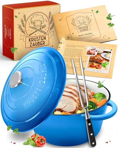 KRUSTENZAUBER Gusseisen Topf [inkl. Fleischgabel] - Hochwertiger 26cm Schmortopf backofengeeignet - Idealer Bräter mit Deckel , Kochtopf Induktion, Emaille , Bratentopf Cast Iron