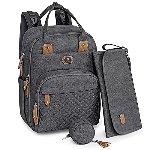 Wickeltasche Rucksack - Dikaslon Großer Wickelrucksack mit Multifunktions-Babytaschen und mobiler Wickelauflage - Schnullerhalter und Kinderwagengurte - für Mama und Papa (dunkelgrau), Einheitsgröße