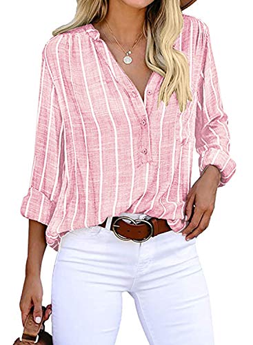 Cindeyar Bluse Damen Langarm Streifen Oberteile Casual Langarmshirt Tops Lose Baumwolle Tunika Hemd (L, Rosa)