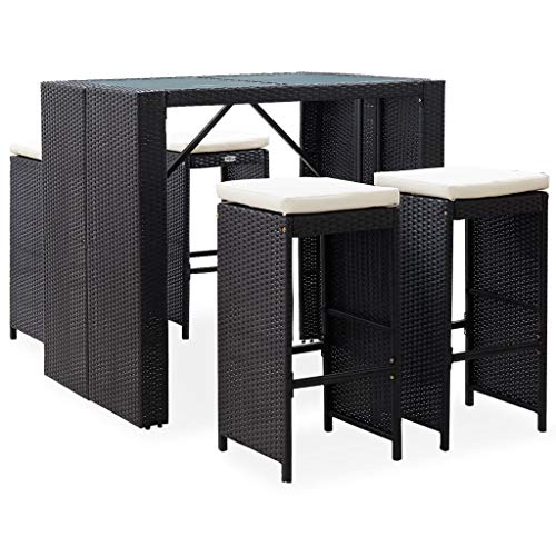 vidaXL Gartenbar Set 5-tlg. Theke Bar Tresen Gartentheke Bartisch Stehtisch Barhocker Barstuhl Gartenmöbel Poly Rattan Glas Schwarz