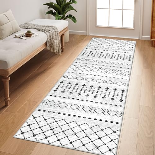 Homcomodar Boho Teppich Läufer Flur 65x180cm Küche Läufer Teppiche Waschbare Flur Teppich läufer für küche Schlafzimmer Eingang(Grau/Weiß)