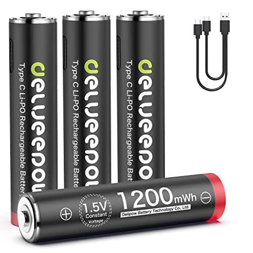 Delyeepow USB-C AAA Akkus Lithium Wiederaufladbare, 1.5V 1200mWh USB Wiederaufladbare AAA Batterien mit 2-in-1 USB-C Ladekabel, 1 Stunden Schnellladung, 1500 Zyklus, 4 Stück
