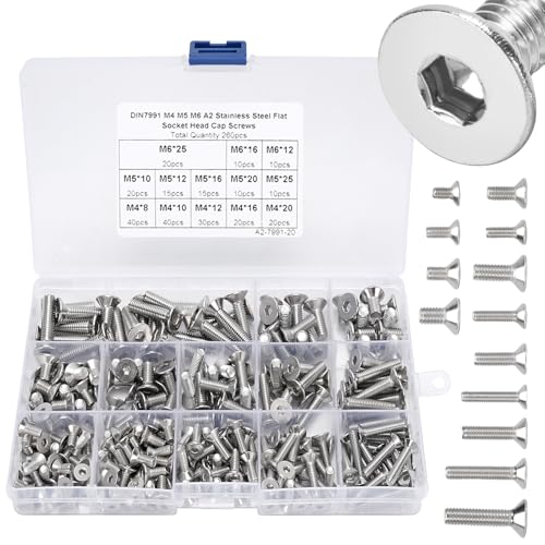 260pcs Edelstahlschrauben, Standard Innensechskant Senkkopfschrauben Set M4/M5/M6, 304 Edelstahl Flachschrauben Set für Elektronikindustrie, Metrische Maschine, Befestigungen