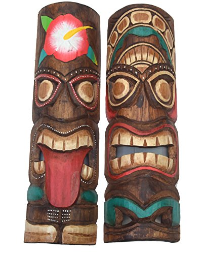 Interlifestyle 2 Tiki Masken 50cm Wandmaske Tiki Maske Hawaii Holzmaske Masken Wandmasken