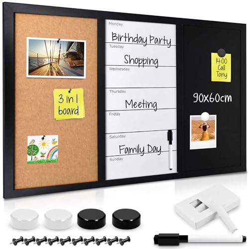 Navaris 3in1 Kombitafel 90x60x1,5cm - Kreidetafel Whiteboard Kork Pinnwand - Memoboard magnetische Seiten Weekly Plan Kreide Pins Magnete