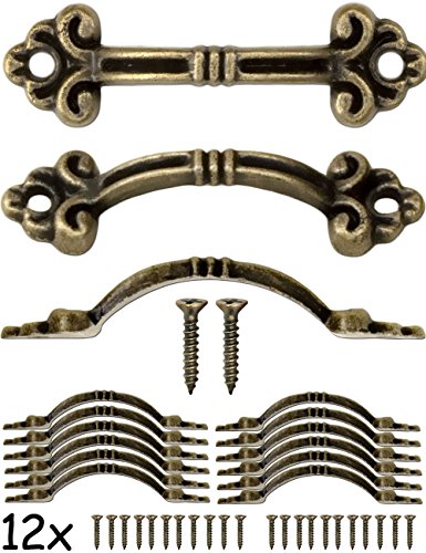 Fuxxer® 12x Antike Mini Möbel-Griffe, für Kästen, Boxen, Schubladen, Antik Bronze, 4.8 x 1.4 cm
