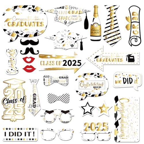 Ovanda 25 Stück Abschlussfeier Foto Requisiten,Gold Abschlussfeier Deko,Abschlussfeiern Photo Booth Props,Fotobox Accessoires für Abschluss,Graduation Fotorequisiten,ABI 2025 Abschluss Deko,Fotorahmen